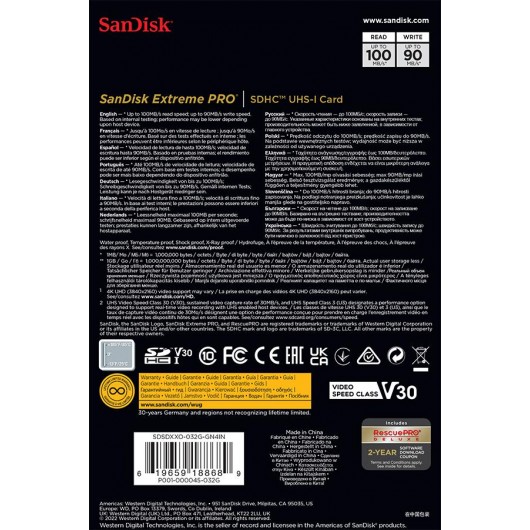 KARTA SANDISK EXTREME PRO SDHC 32GB 100/90 MB/s C10 V30 UHS-I U3