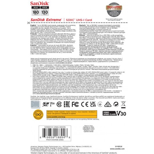 KARTA SANDISK EXTREME SDXC 256 GB 180/130 MB/s C10 V30 UHS-I U3