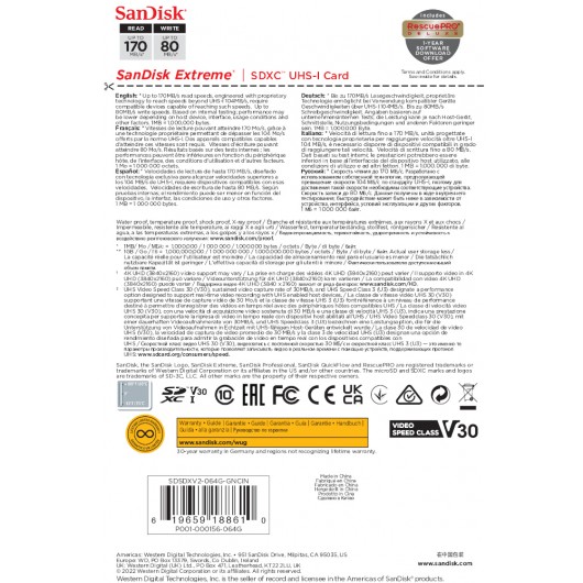 KARTA SANDISK EXTREME SDXC 64GB 170/80 MB/s C10 V30 UHS-I U3