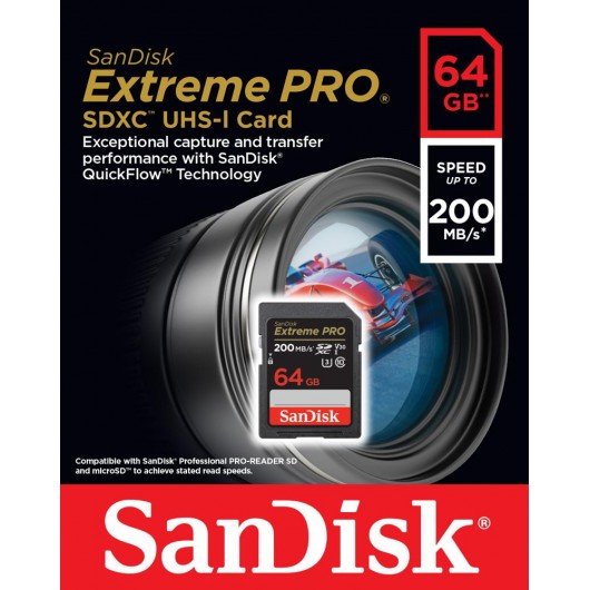 KARTA SANDISK EXTREME PRO SDXC 64GB 200/90 MB/s C10 V30 UHS-I U3