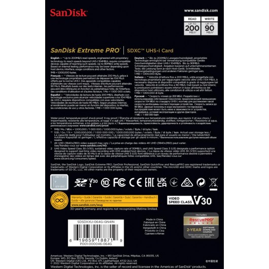 KARTA SANDISK EXTREME PRO SDXC 64GB 200/90 MB/s C10 V30 UHS-I U3