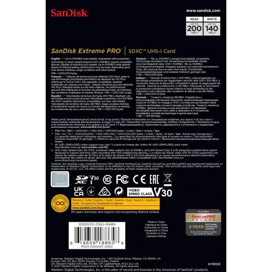 KARTA SANDISK EXTREME PRO SDXC 256GB 200/140 MB/s C10 V30 UHS-I U3