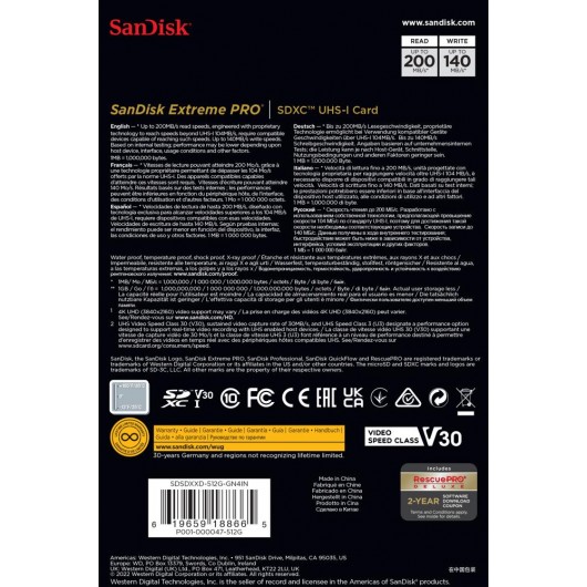 KARTA SANDISK EXTREME PRO SDXC 512GB 200/140 MB/s C10 V30 UHS-I U3