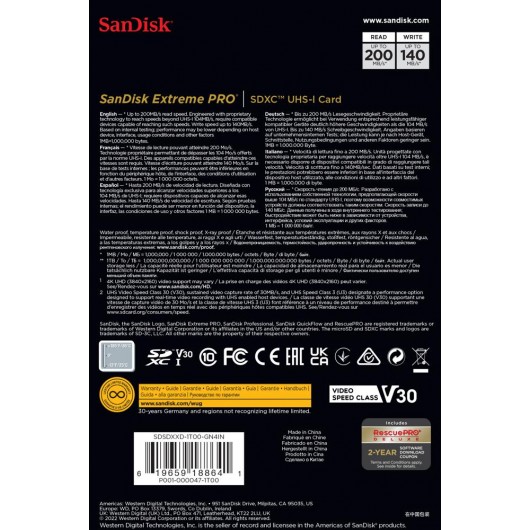 KARTA SANDISK EXTREME PRO SDXC 1TB 200/140 MB/s C10 V30 UHS-I U3