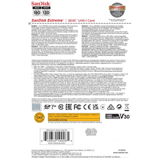 KARTA SANDISK EXTREME SDXC 512 GB 180/130 MB/s C10 V30 UHS-I U3