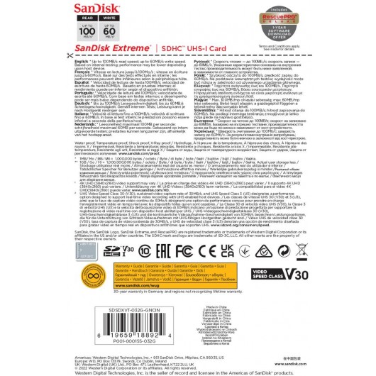 KARTA SANDISK EXTREME SDHC 32 GB 100/60 MB/s C10 V30 UHS-I U3