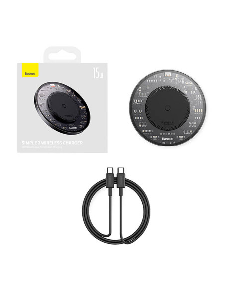 Bezprzewodowa ładowarka indukcyjna Baseus Simple 2, 15W z kable USB-C do USB-C (czarna)