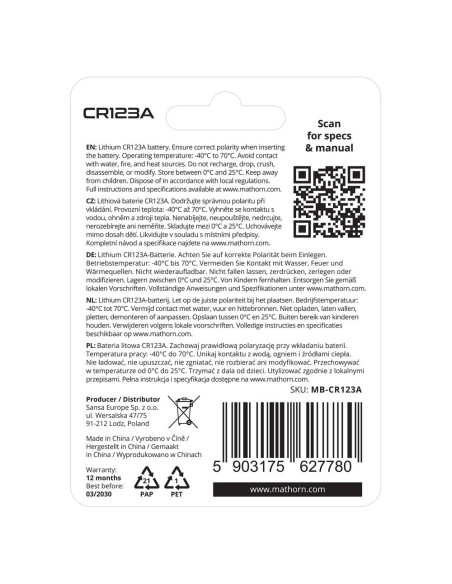 Bateria litowa Mathorn Ultimate CR123A 1500mAh Lithium