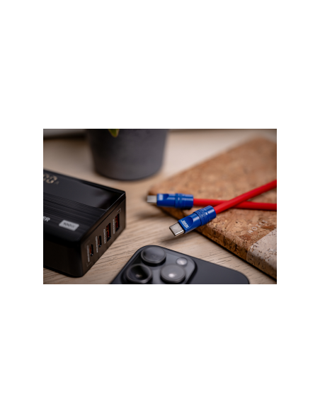 Kabel Newell USB-C - USB-C 100 W, 1,5 m, silikonowy, spiralny, czerwono-granatowy