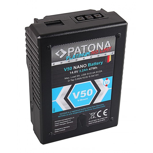 Akumulator PATONA Platinum NANO V50 RED ARRI V-Mount, 3200mAh, 47Wh, 14.8V, USB 5V/2.4A 9V/2A D-Tap