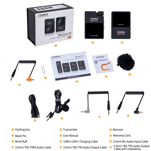 Comica BoomX-D D1 Mikrofon bezprzewodowy z jednym nadajnikiem i jednym odbiornikiem TRS/TRRS jack 3,5mm