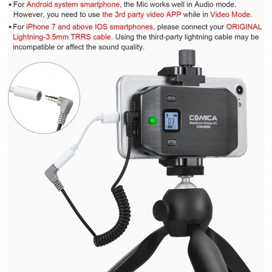 Comica CVM-WS50C Mikrofon bezprzewodowy krawatowy do smartfona z mini statywem TRRS jack 3,5mm